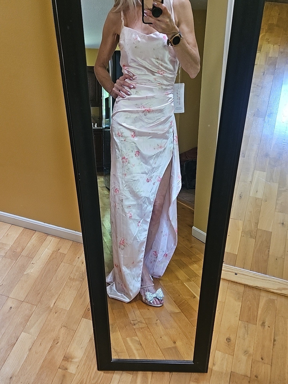 White Floral Slit Evening Gown with Pink Accents